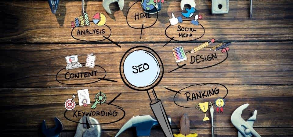 2020 SEO Trendleri bulunur masanın üstündeki Seo yazısının etrafında analysıs, html, socıal medıa, desıgn, rankıng, keywordıng, content yazılarında